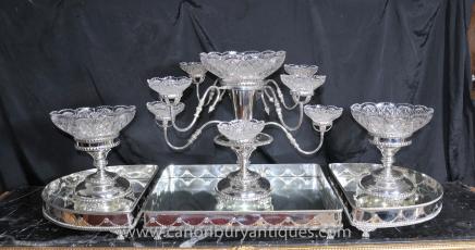 Victorian Surtout de Table Centre Piece -  Silver Plate Epergne Glass Dish Dinner Set
